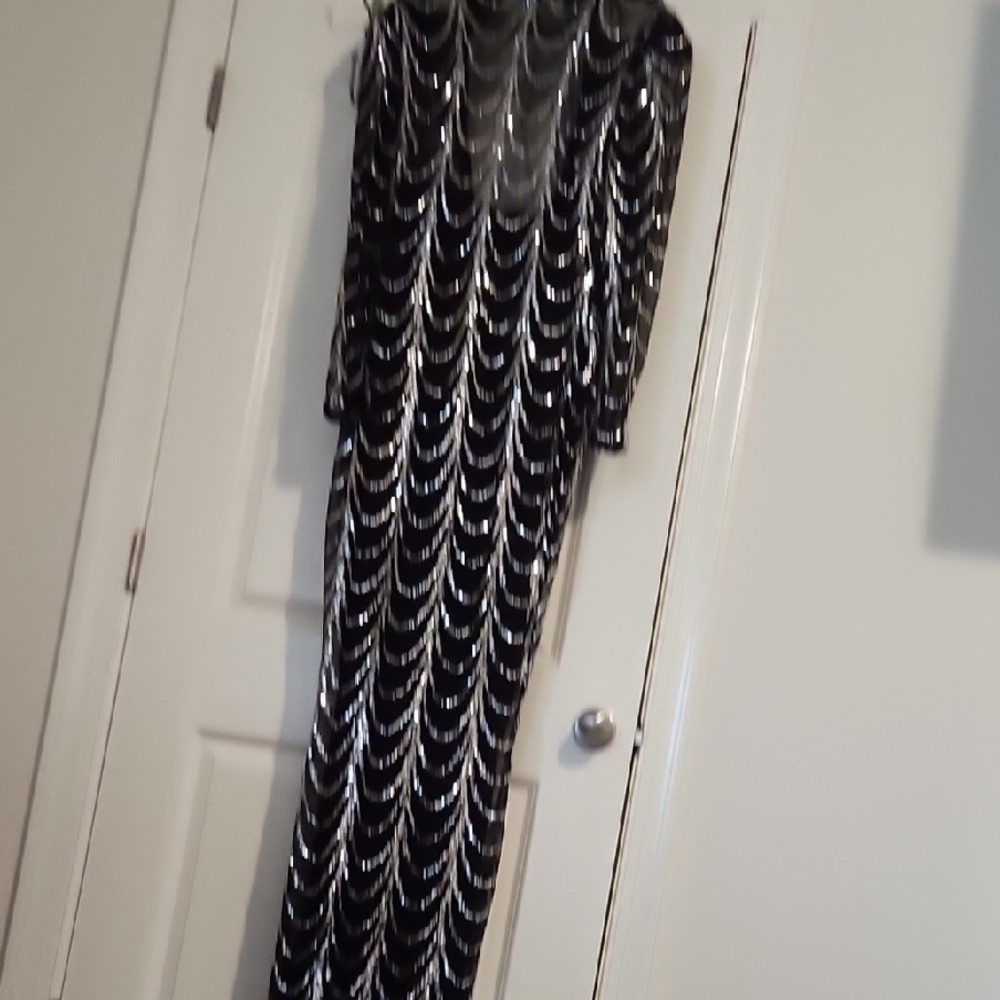 Silver and Black Long Sleeve Cowl Neck Gown for Cocktail